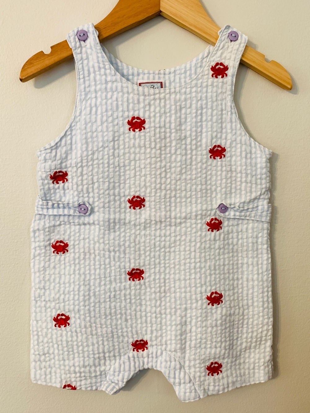 Cotton Kids Shortalls Romper Baby Boys 18M Seersucker Blue Jon Jon Crabs Beach
